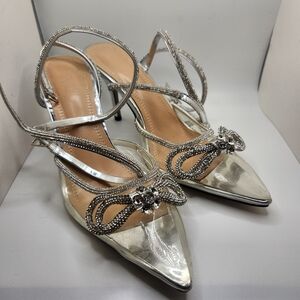 Arqa Women Size 9 Silver Crystal Clear Ankle Wrap Heel Bow Pointed Toe Slingback